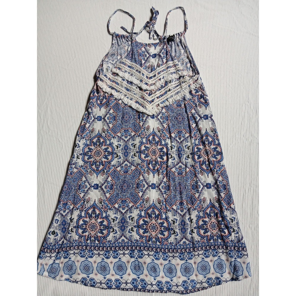 Derek Heart Blue Paisley Boho Halter Dress with Crochet Tassels Small